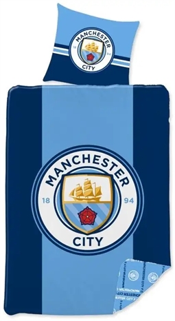 Fodbold sengetøj 140x200 cm - Manchester City - Blå - 2 i 1 design - 100% bomuld